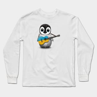 Baby Penguin Playing Ukrainian Flag Guitar Long Sleeve T-Shirt